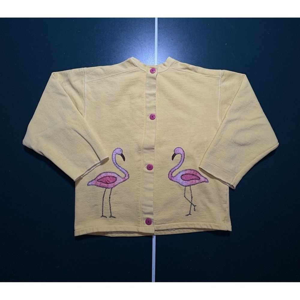 Vintage Flamingo Cardigan Sweater Women's Small Yellow Pink Buttons Embroidered